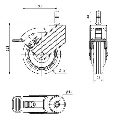 RUEDA GIRATORA ESP.LISA M11X30 FR.AZUL 30HPFN100CP-PLGI POLIAMIX-GOM.NEG.LISO