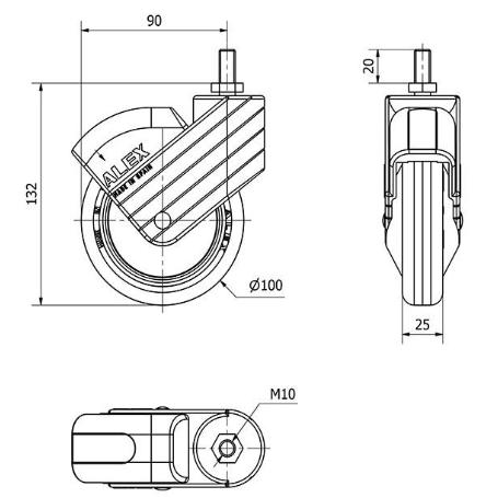 RUEDA GIRATORA ESPIGA ROSC.M10X20 AZUL 50HP100CP-PLGI POLIAMIX-GOMA NEGR.LISO