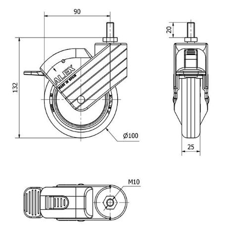 RUEDA GIRATORA ESP.ROSC.M10X20 FR.AZUL 50HPFN100CP-PLGI POLIAMIX-GOM.NEG.LISO