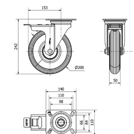 RUEDA GIRATORA PLACA FRENO 10ZVFD200-RILR METALICO-NEUMATICA GRIS RODILLOS