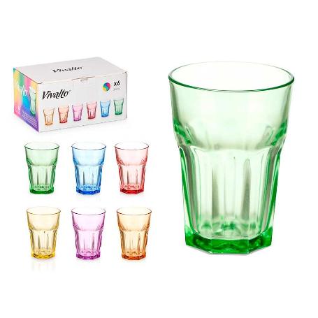 VASOS VIDRIO COLORES SURTIDOS 360 ML  CAJA 6