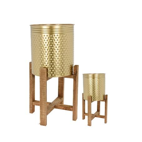 MACETEROS DORADO PIES MADERA SET 2