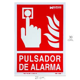 CARTEL / SEÑAL FLUORESCENTE PULSADOR ALARMA 30X21 CM.