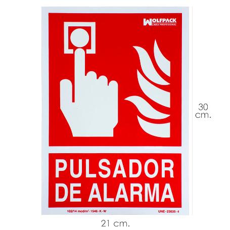 CARTEL / SEÑAL FLUORESCENTE PULSADOR ALARMA 30X21 CM.