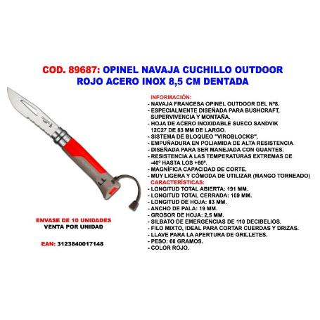 OPINEL FINSTOCK NAVAJA CUCHILLO ROJO ACERO INOX 8,5 CM DENTADA
