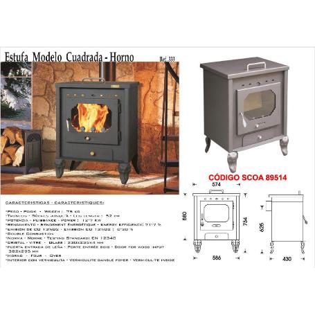 BAJA ESTUFA LEÑA 333 CUADRADA+HORNO CALIEN.PLATO SALIDA POST 120