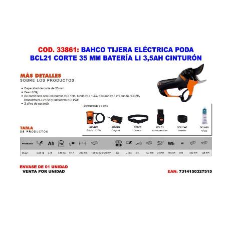 BAHCO TIJERA ELECTRICA PODA BCL21 CORTE 35 MM BATERIA LI 3.5AH
