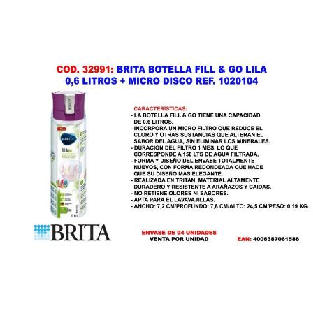 BRITA FINSTOCK BOTELLA FILL & GO LILA 0,6 LT+MICRO DISCO 1020104