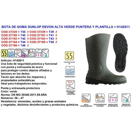 DUNLOP FINSTO BOTA AGUA GOMA VERDE PUNTER+SUELA ACERO DEVON Nº43