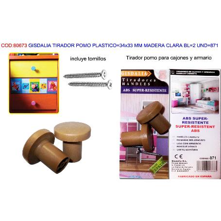 GISDALIA FIN TIRADOR POMO PLAST 34X33 MM MADERA CLARA BL2 UN 871