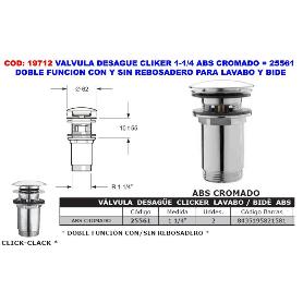VALVULA DESAGUE CLIKER 1-1-4 EN ABS CROMADO LAVABO-BIDE 25561