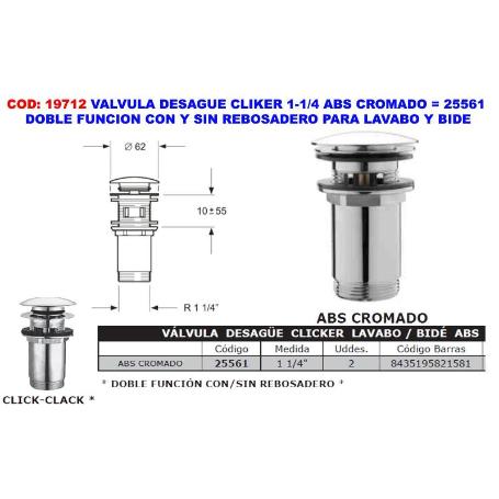 VALVULA DESAGUE CLIKER 1-1-4 EN ABS CROMADO LAVABO-BIDE 25561