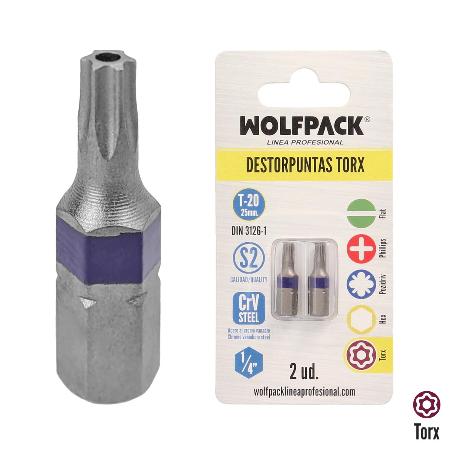 PUNTAS DESTORNILLADOR TORX 20 INVIOLABLE (2 PIEZAS). ACERO S2 AL CROMO VANADIO. PUNTAS HEXAGONALES, DESTORPUNTAS,