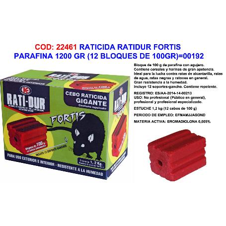 BAJA RATICIDA RATIDUR FORTIS PARAFINA 1200 GR 12 X100 GR