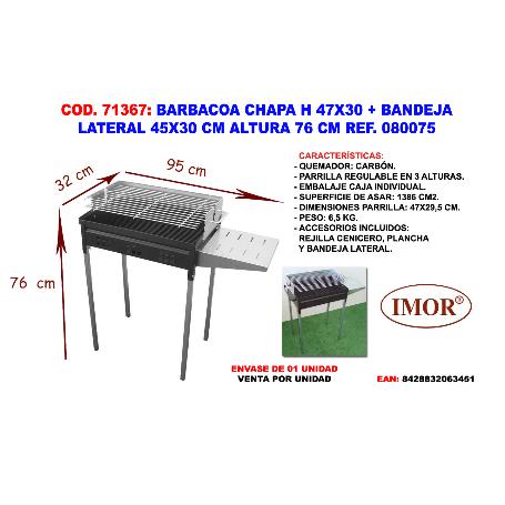BARBACOA CHAPA  H 47 X30+BANDEJA LATERAL 95X32 ALTURA 76 080075