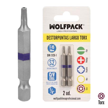 PUNTAS LARGAS DESTORNILLADOR TORX T15 (2 PIEZAS). ACERO S2 AL CROMO VANADIO. PUNTAS HEXAGONALES, DESTORPUNTAS,