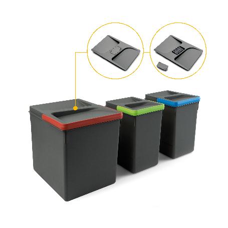 EMUCA CONTENEDORES PARA CAJÓN DE COCINA RECYCLE CON TAPA ANTI OLORES, ALTURA 266, 1X15LITROS, 2X7LITROS, PLÁSTICO G