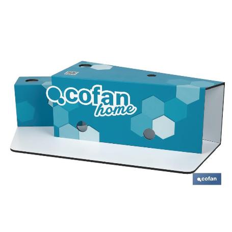 EXPOSITOR DE HULES Y MANTELES HORIZONTAL CON CORTADOR Y RUEDAS PARA 22 ROLLOS