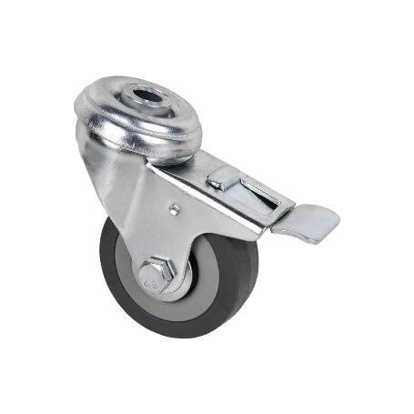 RUEDA DE GOMA GRIS CON AGUJERO PASANTE Y FRENO Ø50 X 18 MM   CAJA 4 UNID.