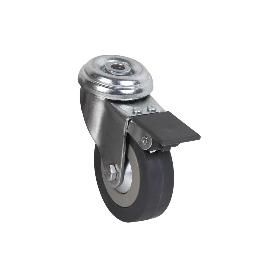 RUEDA DE GOMA GRIS CON AGUJERO PASANTE Y FRENO Ø65 X 22 MM   CAJA 2 UNID.