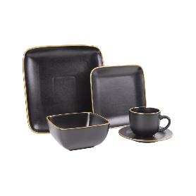 VAJILLA DE CERAMICA DE COLOR NEGRO ESMALTADO DE FORMA CUADRADA CON BORDE VINTAGE 20 PIEZAS