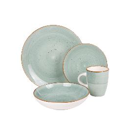 VAJILLA DE CERAMICA PINTADA A MANO VERDE AGUA ESMALTADO CON BORDE VINTAGE 16 PIEZAS