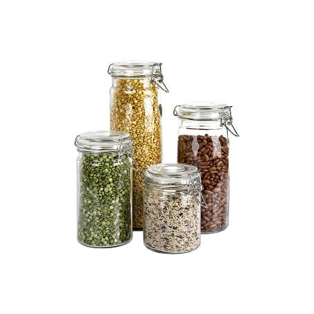 SET 4  FRASCOS CRISTAL+ CLIP ACERO 2100ML,1500ML,1150ML,750ML