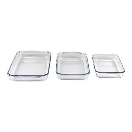 SET DE 3 FUENTES RECTANGULARES DE VIDRIO BOROSILICATO MODELO BARITINA 1600ML-2200ML-3000ML