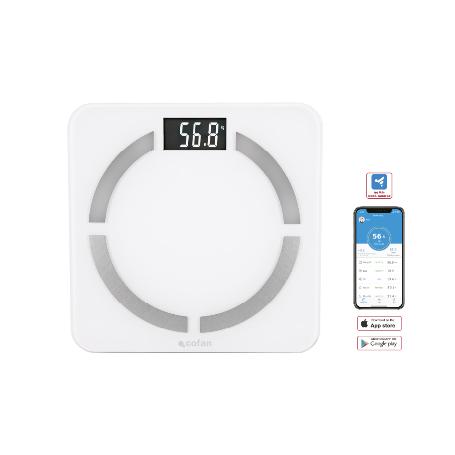 BÁSCULA DE BAÑO DIGITAL BLANCA CON PANTALLA LCD, USB Y MEDICIÓN IMC DE GRASA VISCERAL 30 X 30 X 2,2 CM