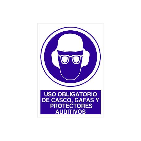 SEÑAL ADHESIVA 148X105MM. USO OBLIGATORIO DE CASCO, GAFAS Y PROTECTORES AUDITIVOS
