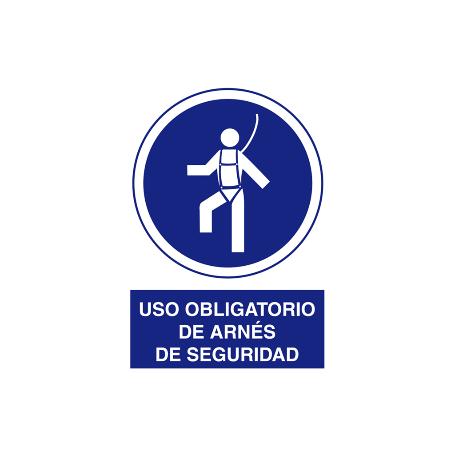 SEÑAL ADHESIVA 297X210MM. SEÑAL USO OBLIGATORIO DE ARNÉS DE SEGURIDAD CON TEXTO