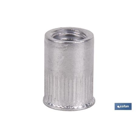 TUERCAS REMACHABLES CILÍNDRICAS RANURADAS FONDO ABIERTO CABEZA REDUCIDA ALUMINIO M6 X 14   CAJA 500 UNID.