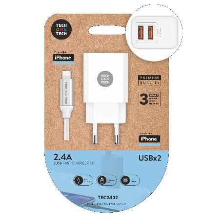 TECH CARGADOR MOVIL DOBLE 2XUSB PARED BLANCO+CABLE IPHONE  2402