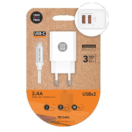 TECH CARGADOR MOVIL DOBLE 2XUSB PARED BLANCO+CABLE USB-C  2403