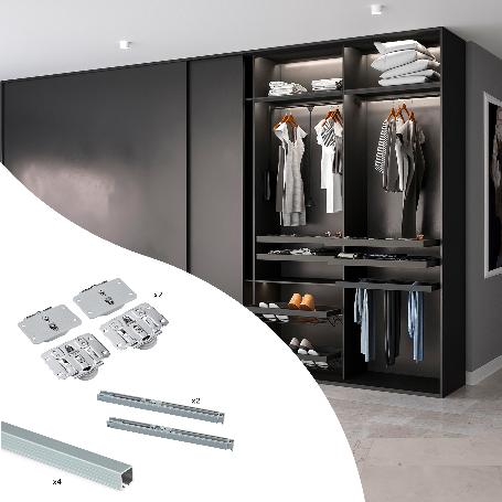 EMUCA KIT DE HERRAJES PARA ARMARIO 2 PUERTAS CORREDERAS Y CIERRE SUAVE FLOW CON CARRILES ENCASTRADOS 2.35M, TABLERO