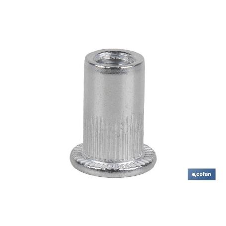 TUERCAS REMACHABLES CILÍNDRICA RANURADA FONDO ABIERTO CABEZA ANCHA ALUMINIO M4 X 10   CAJA 1000 UNID.