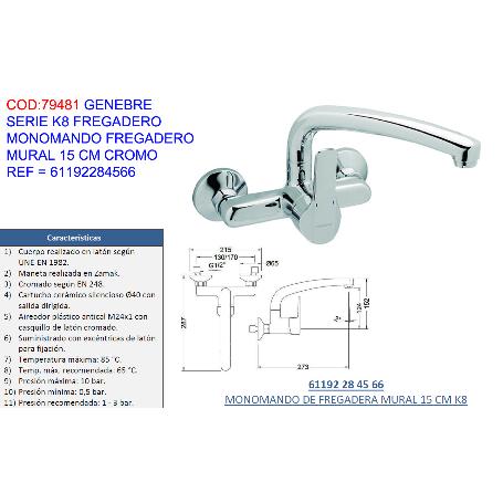 GENEBRE GRIFO K8 MONOMAND FREGADERO MURAL 15 CM CR 61192284566
