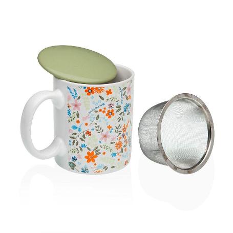 TAZA MUG PORCELANA + TAPA + FILTRO FLOWERS