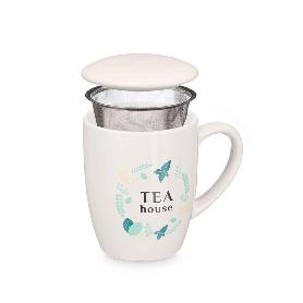 TAZA MUG PORCELANA + FILTRO + TAPA TEA 340 ML
