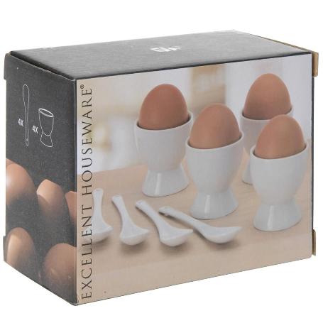 HUEVERAS + CUCHARAS PORCELANA 4+4