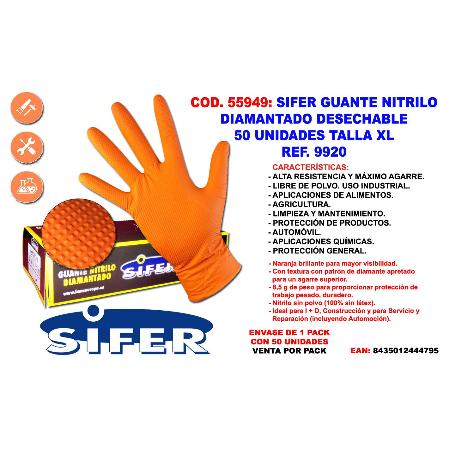 GUANTE SIFER NITRILO 9,5GR 8M DIAMANTADO NARANJA-LION C-50U T-XL