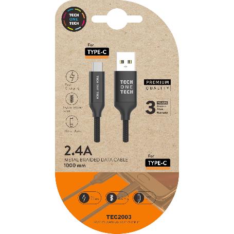 TECH CABLE MOVIL CARGA RAPIDA NYLON 1M NEGRO USBA USB-C TEC2003