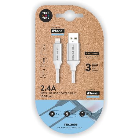 TECH CABLE IPHONE CARGA RAPIDA NYLON 1M BLANC USBA APPLE TEC2005
