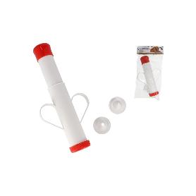 CHURRERA ECONOMICA DE PLASTICO IDEAL PARA HACER CHURROS, BLANCA Y ROJA ,FACIL LIMPIEZA, CON 2 BOQUILLAS