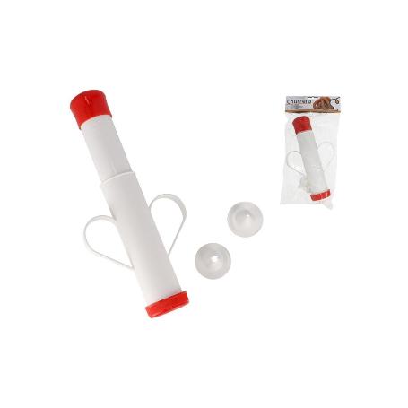 CHURRERA ECONOMICA DE PLASTICO IDEAL PARA HACER CHURROS, BLANCA Y ROJA ,FACIL LIMPIEZA, CON 2 BOQUILLAS