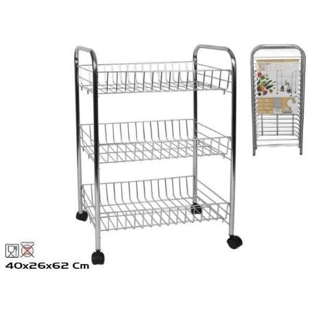 VERDULERO METAL CROMADO CON RUEDAS NEGRAS ELEN 3 PISOS 40X26X62 CMS