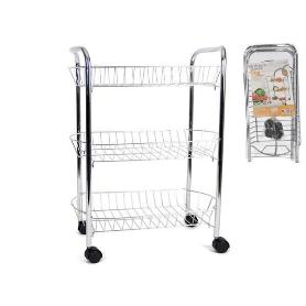 VERDULERO ELISE 3 PISOS METAL CROMADO 48X27X63 CON RUEDAS GIRATORIAS NEGRAS