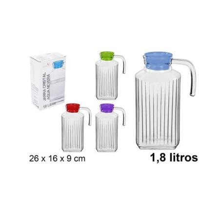 1,8 LTS  JARRA CRISTAL AGUA PARA NEVERA CON TAPA COLORES 26X16X9 CMS CAPACIDAD 1800 ML.