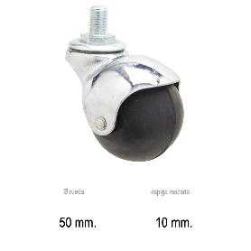 RUEDA DOMESTICA GOMA NEGRA ESFERA ESPIGA M10X50MM