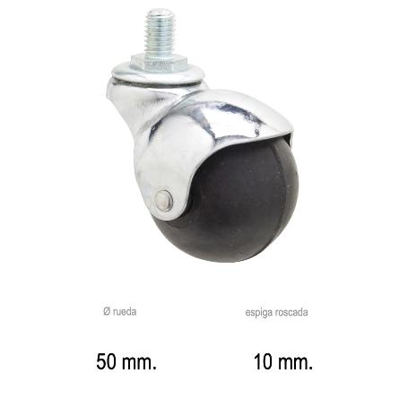 RUEDA DOMESTICA GOMA NEGRA ESFERA ESPIGA M10X50MM
